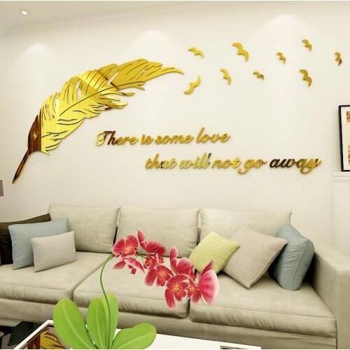 Creative DIY Mirror feather 3D stereo wall sticker living room restaurant bedroom bedside Home INS self-adhesive decoration