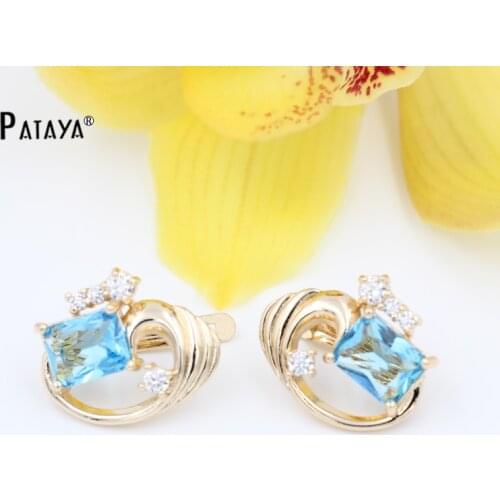 PATAYA Square Big Earrings CC 585 Rose Gold Light Blue Natural Zircon Wedding Accessories Jewelry Bohemian Bridal Drop Earrings