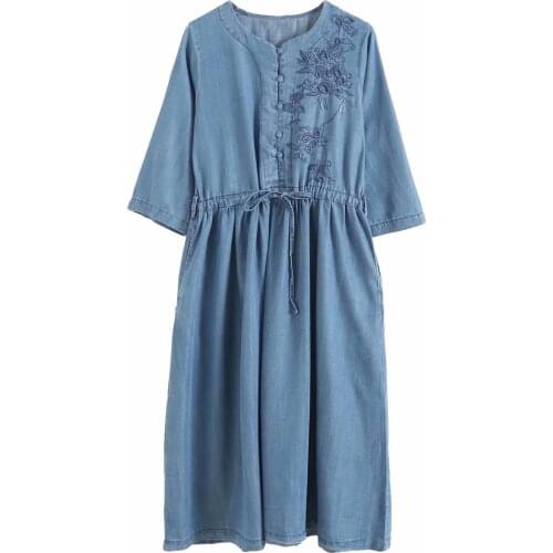 Embroidery summer denim dress women slim waist o neck half sleeve soft Jeans midi dresses elegant blue office lady dress cotton