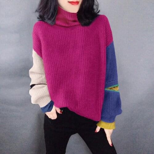 Age-reducing Hole Splicing 2021 Rose Red Fashion High Collar Contrast Loose Short Knitted Spring Women Clothes Long Sleeve Top