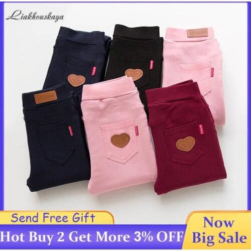 2019 New Kids Leggings Autumn Winter Children 'S Trousers Girl Plus Velvet Thickening Pencil Tight Leggings Love long Pants