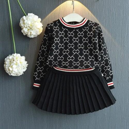 Autumn Children Girl Knit Clothing Outfit Set Cute Christmas Wear Long Sleeve Sweater +knit Skirts 2 Pcs Set For 2-7 Year Girl