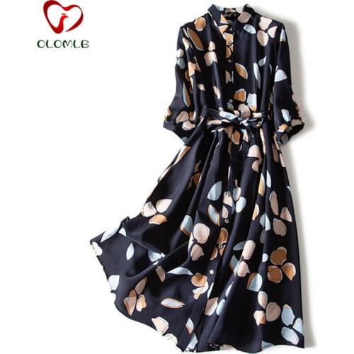 Large Size Chiffon Printed Dress Female Retro 2021 New Waist Three-quarter Sleeve Shirt Dress Loose Body Covering Bohemian Dress