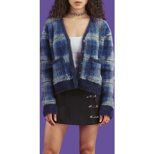 Chic V-Neck Mohair Knitted Plaids Cardigan Faux Mink Cashmere Checked Sweater Coat Single-breasted Fluffy Streetwear Tops Sueter