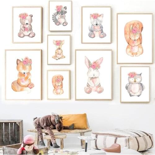 Nordic Rabbit Fox Raccoon Deer Owl Animal Flower Canvas Painting Print And Poster Nursery Picture Children Room Wall Art Decor