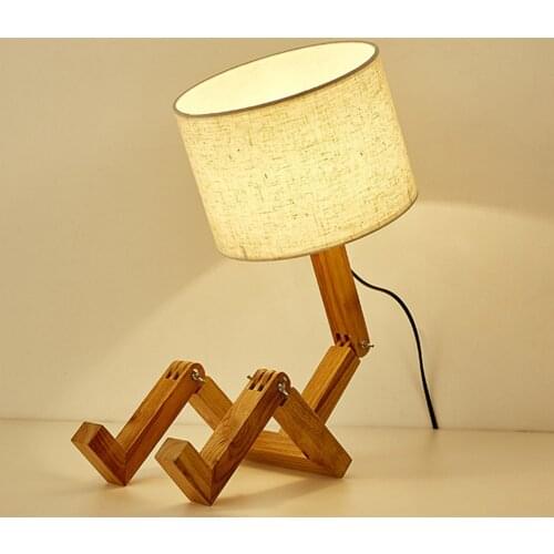 Robot Shaped Living Room E27 Flexible Wooden Base LED Table Lamp Working Nordic Modern Learning For Bedroom Interior Decoration