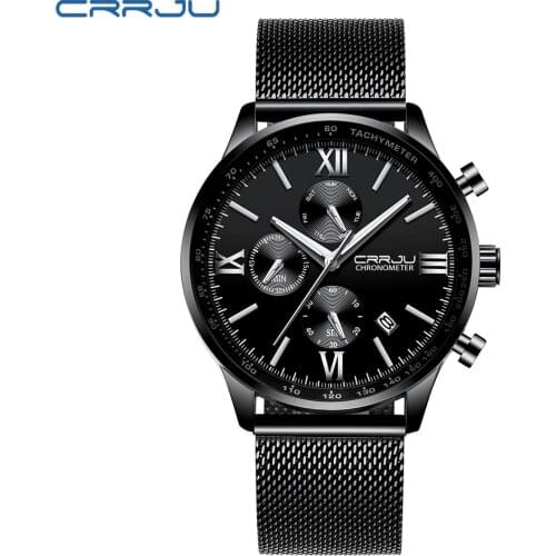 Top Luxury Brand CRRJU Men Chronograph waterproof Sports Quartz Watch steel mesh belt Men Leisure clock Relogio Masculino