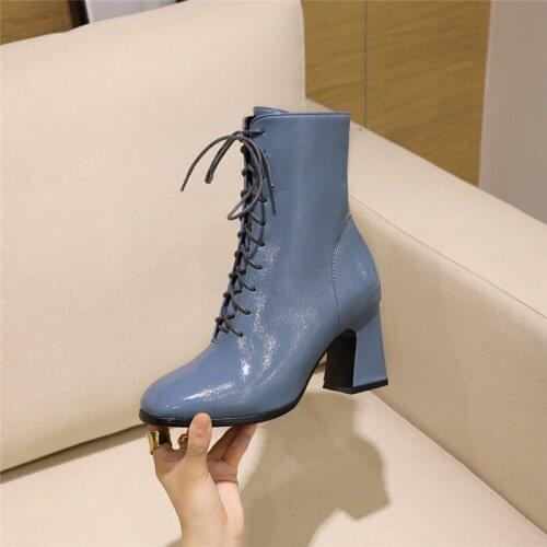 YMECHIC 2020 High Heels Lace Up Womens Shoes Patent Pu Leather Brown Black Blue Biker Cross Tied Woman Bootie Ankle Boots Autumn