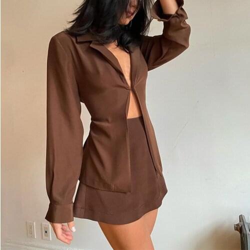 Women Elegant Solid Two Piece Sets Sexy Notched Single Button Blouses And Mini Dress Suits Fashion Slim Office Ladies Clothing
