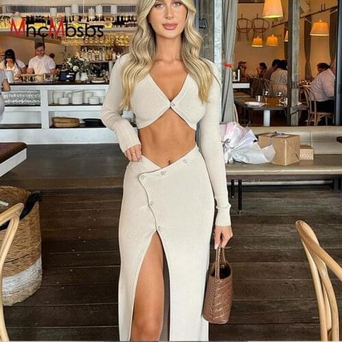 Two Piece Set Women Ribbed Outfits Long Sleeve Cropped Top +Buttons Up Skinny High Split Maxi Skirts 2021Autumn Harajuku Elegant