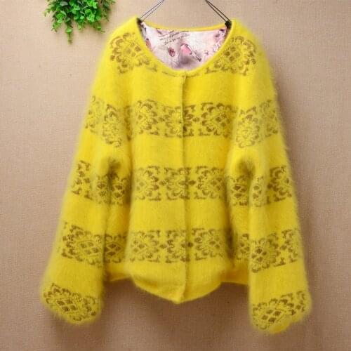 Ladies women fashion short style cropped printing floral long puff sleeves cardigan button angora fur knitted winter jacket coat