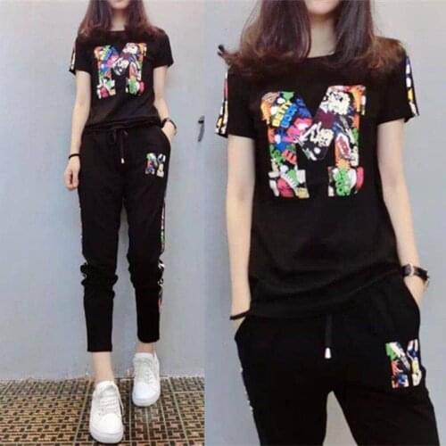 Plus Size Womens Spring and Summer Korean Suit Short-sleeved Printed Casual T-shirt Wide-leg Sports Trousers Two-piece Suit