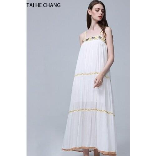 Women high-end vestidos elegant vintage bohemian casual runway sexy beach embroidery white long maxi dress sleeveless summer