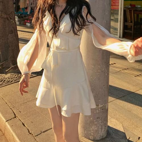 Women Dress V-neck Mesh Bandage Fashion Ruffles Slim Fishtail Street Sweet Student Waist Beach A-line Mini Dresses