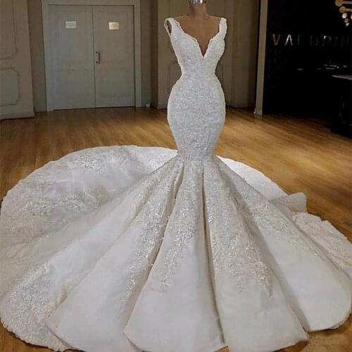 Dubai Sexy Deep V Neck Mermaid Wedding Dresses Marriage Sweep Train Bridal Dress Elegant Robe De Mariee Lace-up Bridal Gowns