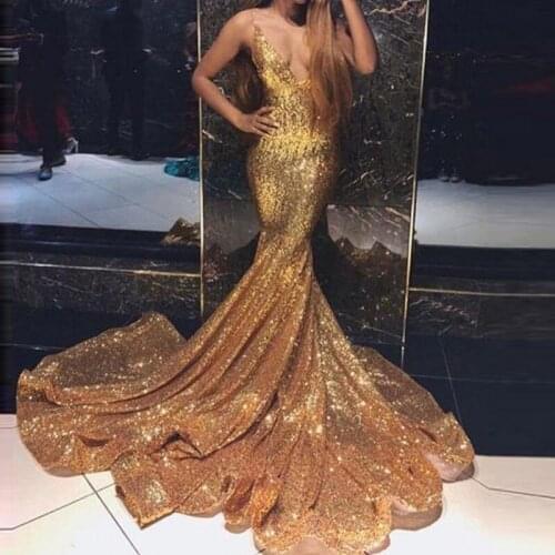 Gold Evening Dress Sexy Mermaid robe de soiree longue abiye Formal Dresses 2019 Spaghetti Sequins Evening Gowns Off Shoulder
