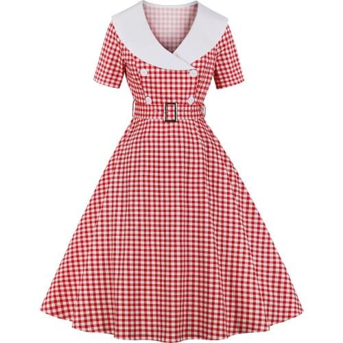 SISHION A Lline Short Sleeve Women Dress VD1558 Black Red Blue Rockabilly Cotton Vintage Party Plaid Dress with Belt