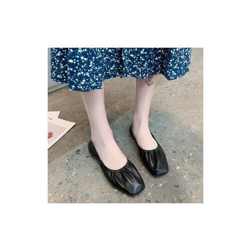 Leather square toe flat shoes ballet shoes womens pleated elastic belt casual shoes shallow mouth soft shoes single shoes