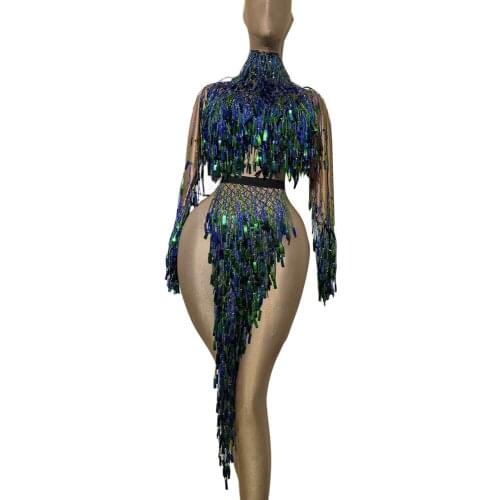 Shiny Tassel Sequins Party Costumes Sexy Fringes Top + Skirts Outfit Sets Women Latin Dance Stage Clothes Club Performance Wear
