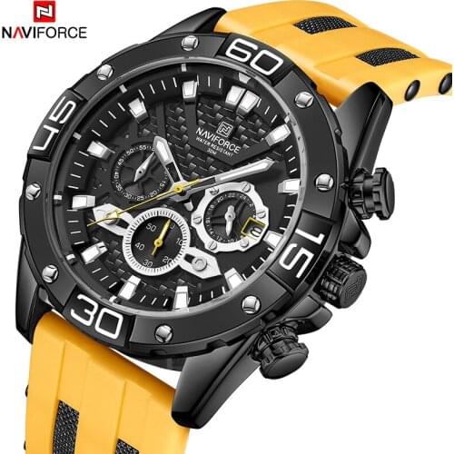 2021New NAVIFORCE Men Watch Quartz Analog Water Ressiatance Casual Fashion Chronograph Luminous Yellow Silicone Strap WristWatch