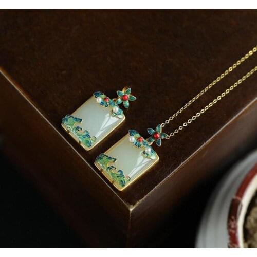 Designer unique creative new Hetian jade rectangular necklace pendant retro Chinese style ladies jewelry