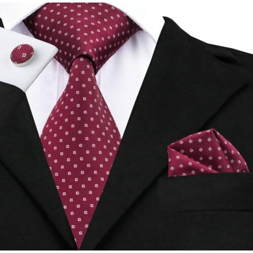 Hot Mens Tie Crimson Silk Jacquard Necktie Hanky Cufflinks Set Ties For Men Business Fashion Wedding Party C-875