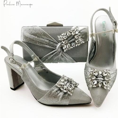Italian Design New Arrival Nigerian Hot Selling Silver Color Square Crystal Style Women Shoes and Bag Set for Party Wedding