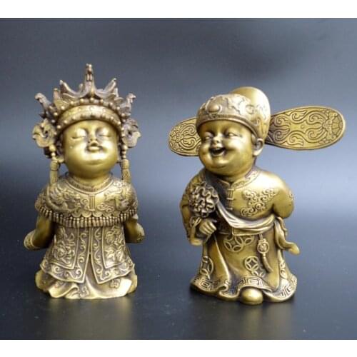 China Brass Auspicious Fengshui Wealth Fu Kid Boy Girl statue
