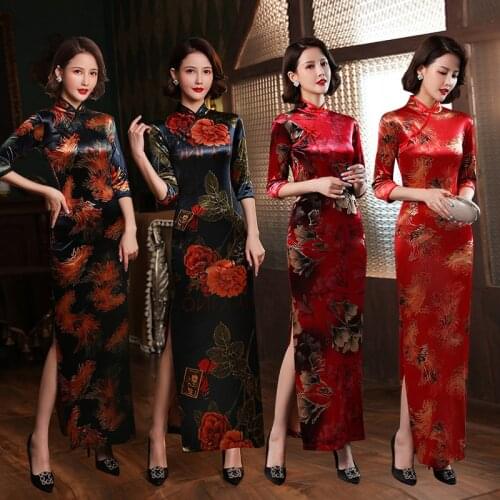 4Colors Chinese Traditional Clothes Women Vintage Floral Print Cheongsam 2021 New Sexy Elegant Split Qipao Ladies Party Dress