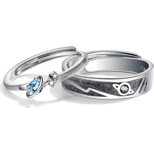 2Pc Trendy Saturn Planet and Stars Universe Galaxy- 925 Sterling Silver Lover Ring Matching Set Sea Blue Fashion Jewelry X4YA