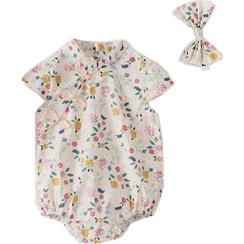 Summer Baby Girl Bodysuit Chinese Style Floral Printed Romper With Headband Kids Clothes