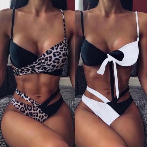 Summer Sexy Swimwear Bikini Set Leopard Patchwork Bikini Panties Swimwear Padded Backless Strap Bra Swimsuit