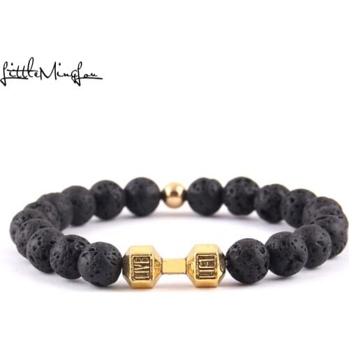 Little Minglittle Fitness Dumbbell Barbell charm gym energy bracelet lava stone beads men Bracelets & Bangles for women jewelry