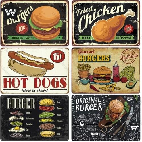 Hot Dog Burger Metal Tin Sign Vintage Fast Food Tin Plaque Metal Poster Retro Style Wall Stickers Tin Sign for Kitchen Bar Decor