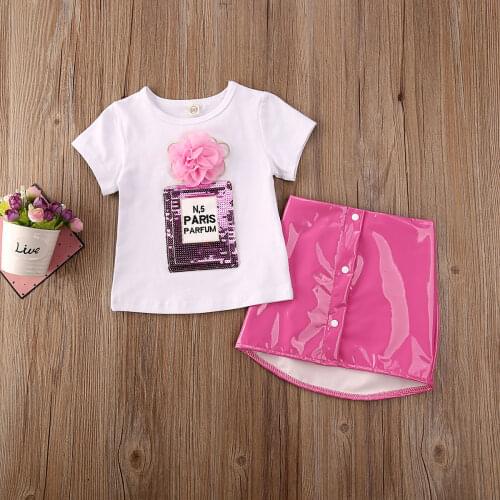 Lovely Fashion Summer Toddler kids Short Sleeve 3D Flower Tops T-Shirt Leather Skirt Baby Girl Outfits Clothes