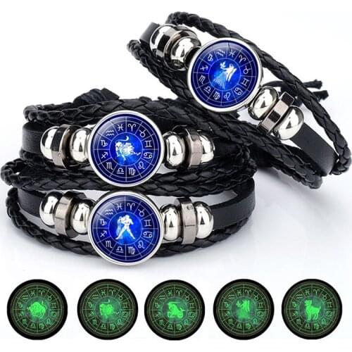 2019 Multilayer Beads Charm Bracelets Women Vintage Fashion Men Women Constellation 12 Zodiac Sign Bracelets Punk Woven Leather