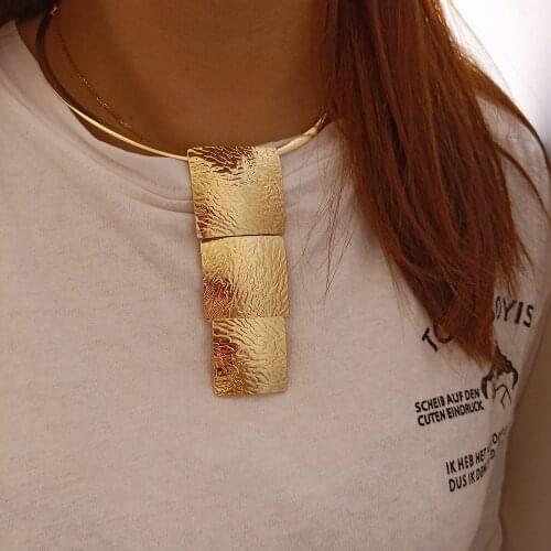 VIVILADY Boho Chunky Metal Jewelry Sets Gold Color Geometric Choker Square Necklace Earrings African Women Bridal Party Gifts