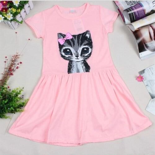 New Summer Baby Girl Dresses Cat Print Cotton Casual Children Clothing Kids Short Sleeve Dresses Princess Party Pink Grey Menina