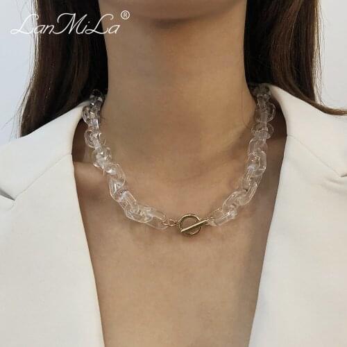 LanMiLa New 2021 Fashion Hyperbole Metal Toggle clasp Resin transparent Chunky Short Clavicle Chain Necklace For Women Jewelry