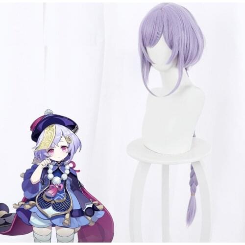 Genshin Impact Qiqi Wig Lovely Grey Purple With Long Braid Wigs Little Zombie QIQI Halloween Cosplay Props