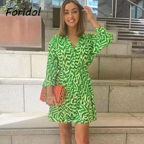 Foridol Print Floral Autumn Long Sleeve Dress Women Casual Button Up Shirt Dress Short 2021 New Clothing Green Dress Vestidos