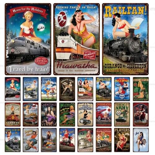 Pin Up Girl Poster Metal Tin Signs Train Motor Car Travel Art Painting Bar Pub Wall Plate Decor Vintage Home Man Cave Plaques