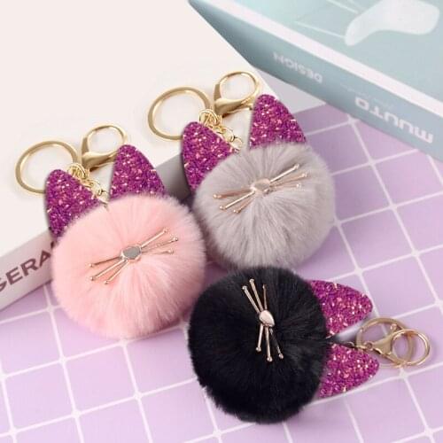 Fluffy plush pom pom keychain soft artificial rabbit fur ball car key ring pom pom rabbit ear fur ball key chain ring Pendant gi