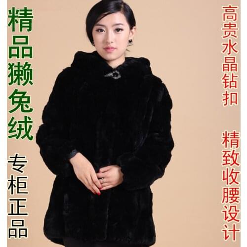 Long-sleeve real natural rex rabbit fur coat medium-long with a hood