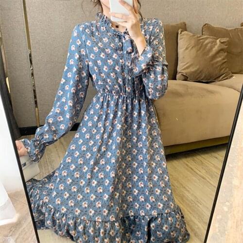 Real shot 2021 autumn Korean long-sleeved floral chiffon dress bow pleated winter bottoming dress