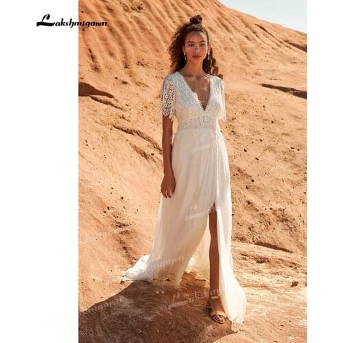Front Split Plunging A-Line Boho Chiffon Wedding Dress Open Back Button V-Neck Lace Half Sleeve Pleats Court Train Floor-Length