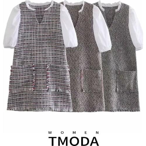 TMODA1175 Za Women Vintage Puff Sleeve Patchwork Tweed Woolen Straight Mini Dress Female Chic Tassel Pocket Patch Retro Vestido