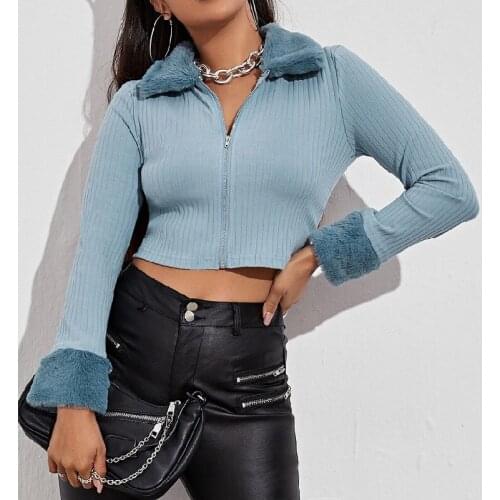 Knit Cardigan Zip Up Sweater Women Y2k Top Fitted Faux Fur Turn Down Collar Long Sleeve Jackets Black Blue Outfits 2021