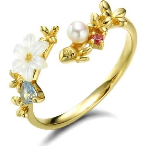 9K Yellow Gold Pearl Shell Topaz Open Ring Female White-Collar Temperament All-Match Jewelry