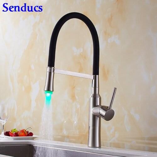 Senducs Brushed Pull Down LED Kitchen Faucet Quality Solid Brass Kitchen Sink Faucet Deck Mounted Pull Out LED Kitchen Tap